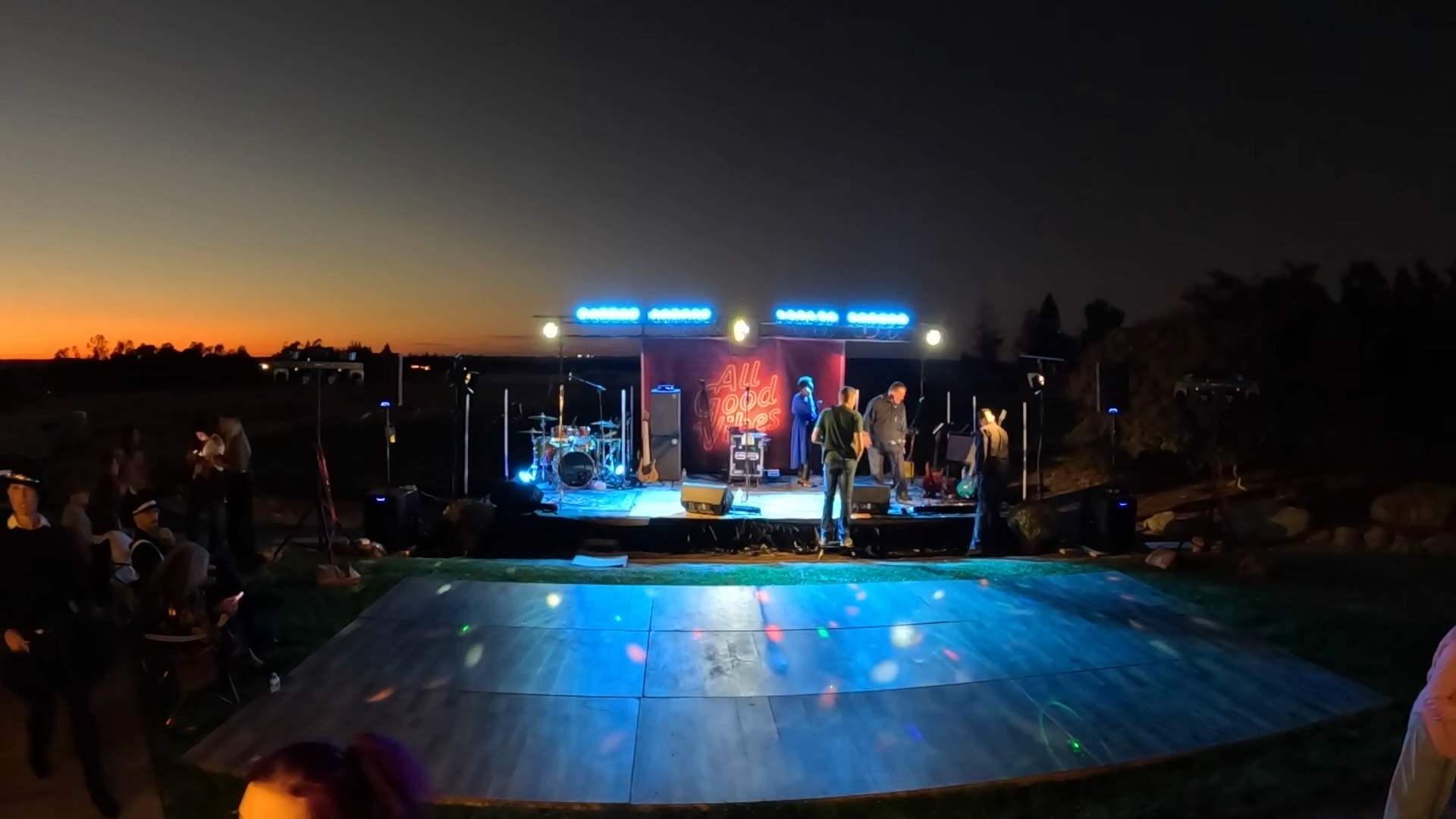 Outdoor stage glowing at night